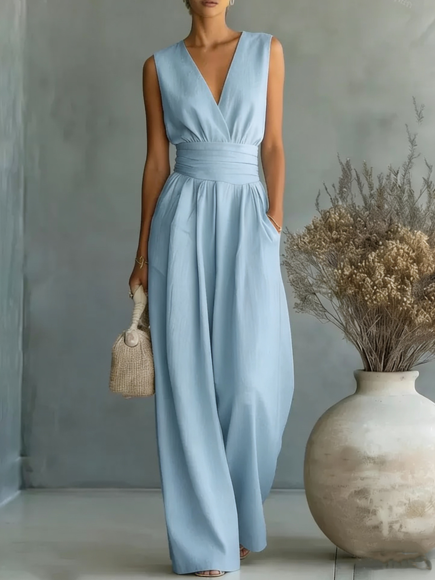 Elegant Vacation Casual Fashion V-neck Waist Jumpsuit