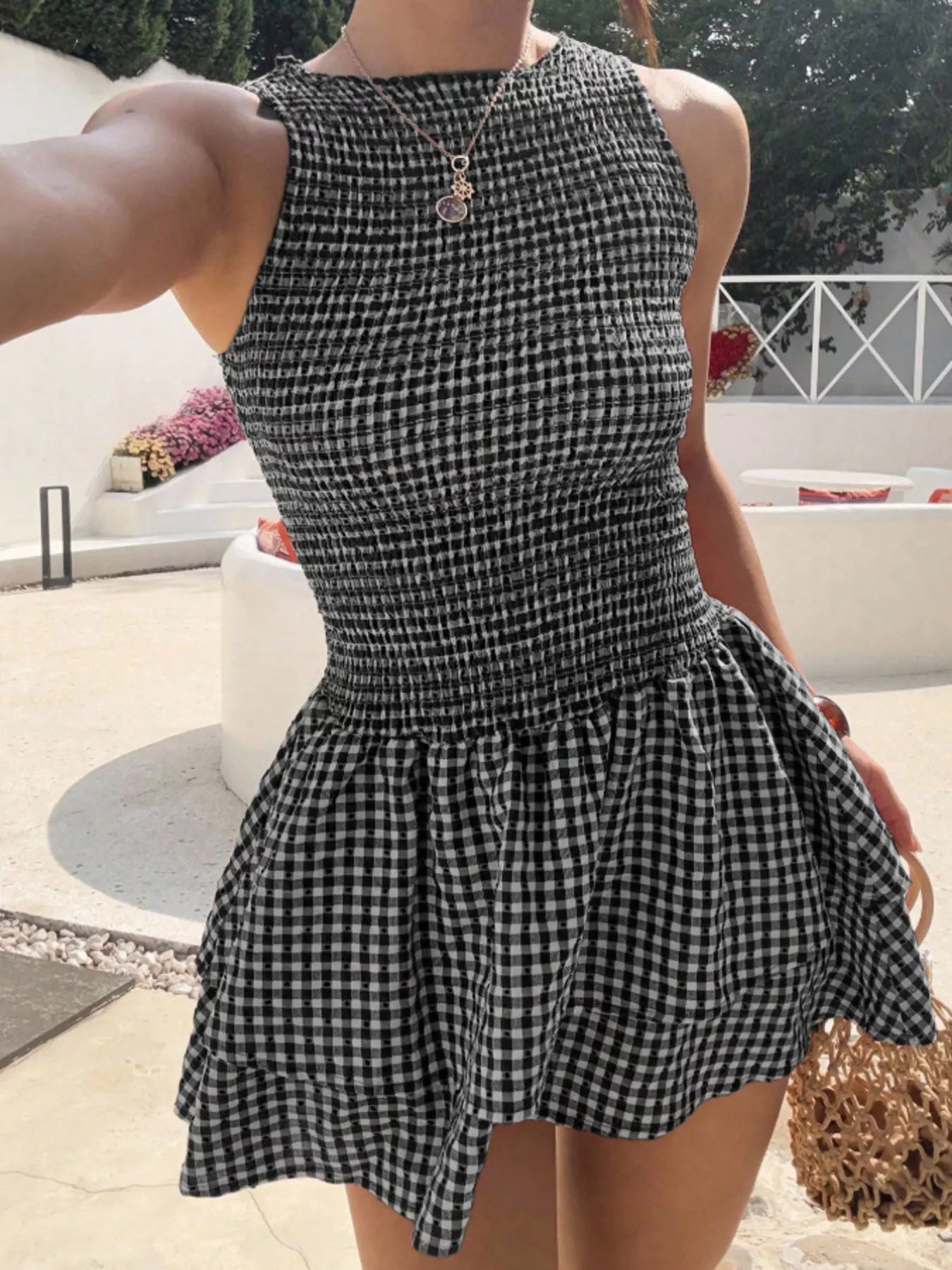 Gingham Smocked Mini Dress