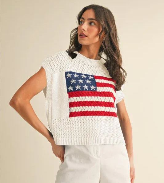 AnnieWear American Flag Open Stitch Sweater Top