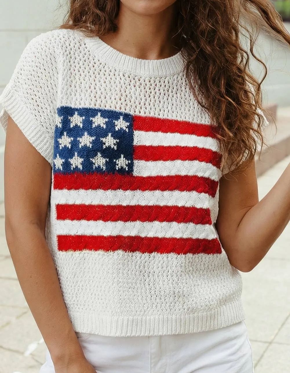 AnnieWear American Flag Open Stitch Sweater Top