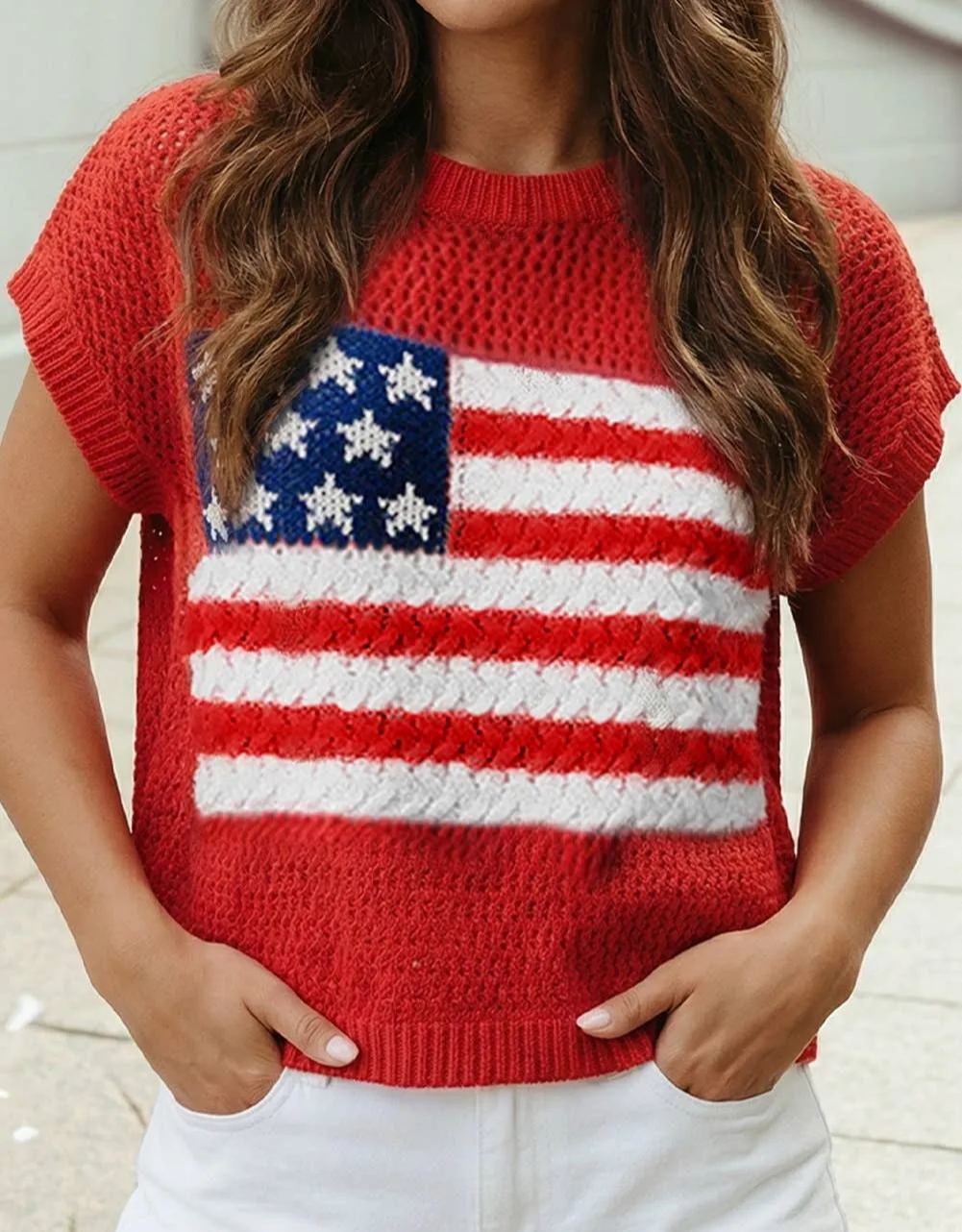 AnnieWear American Flag Open Stitch Sweater Top
