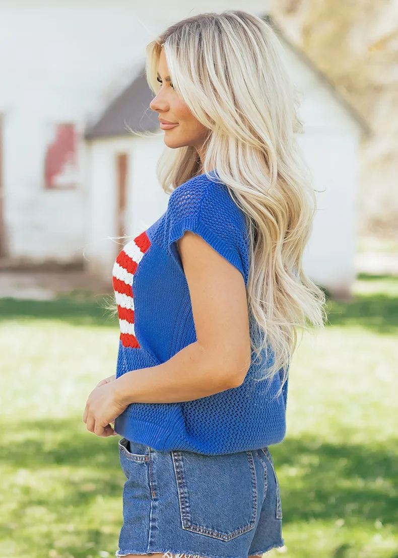 AnnieWear American Flag Open Stitch Sweater Top