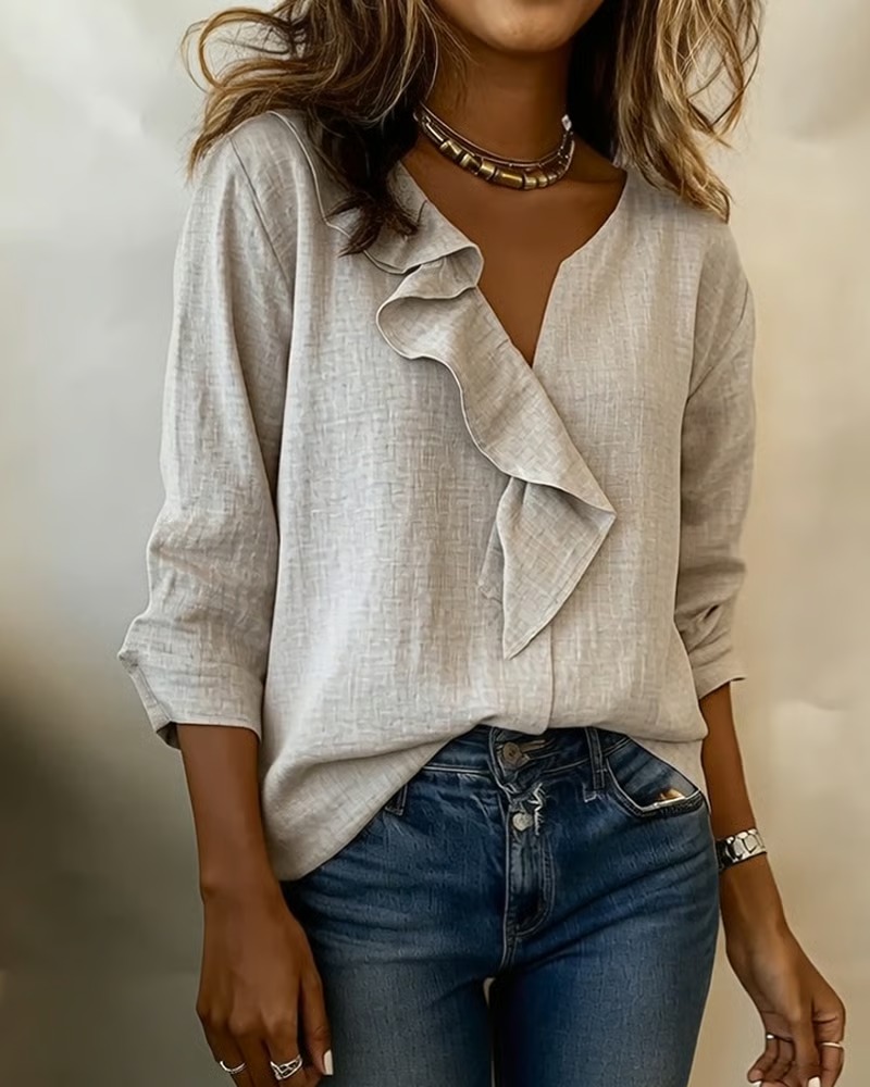 Ruffled Solid-Color Long-Sleeved Blouse