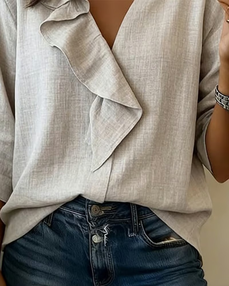 Ruffled Solid-Color Long-Sleeved Blouse