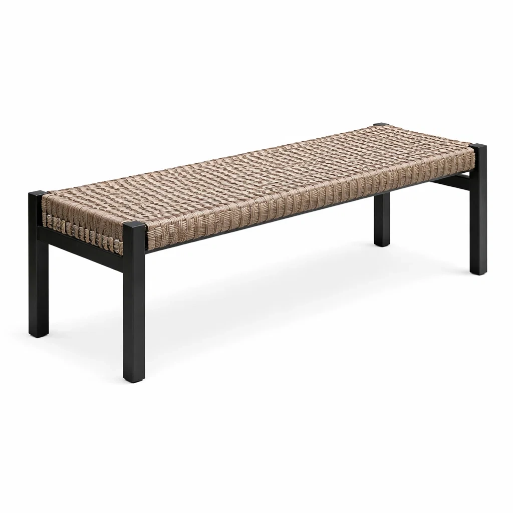 Panca in acciaio con seduta in vimini intrecciato beige 120x40x45 cm-DREAMNOOKZ