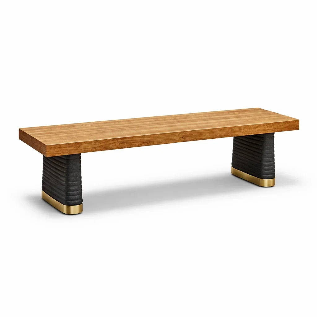 Panca in legno marrone con base in resina nera e ottone-DREAMNOOKZ