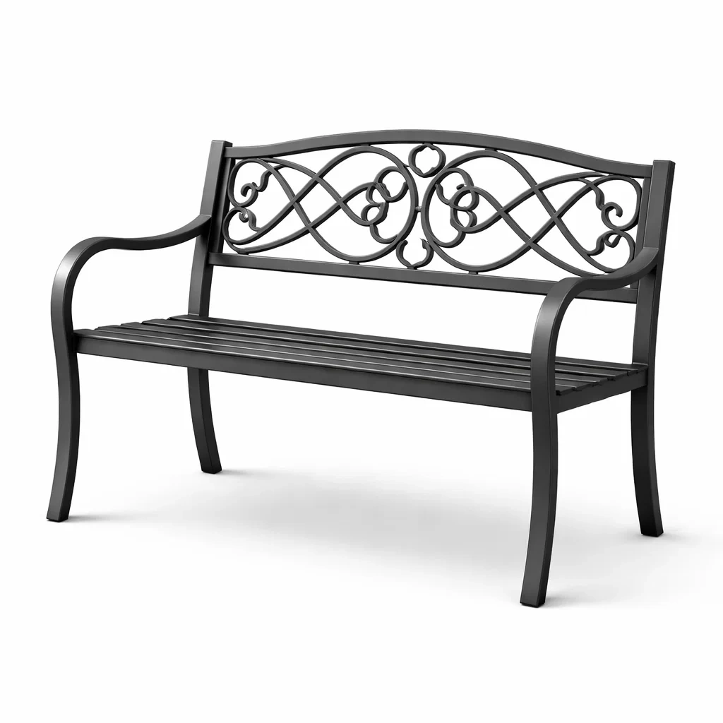 Panchina in metallo nero con schienale decorato da giardino-DREAMNOOKZ