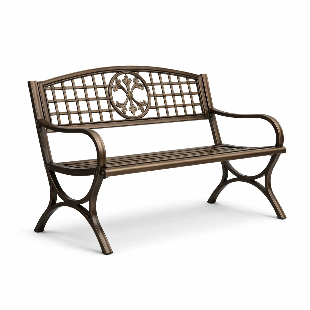 Panchina in metallo con motivo decorativo marrone da giardino-DREAMNOOKZ