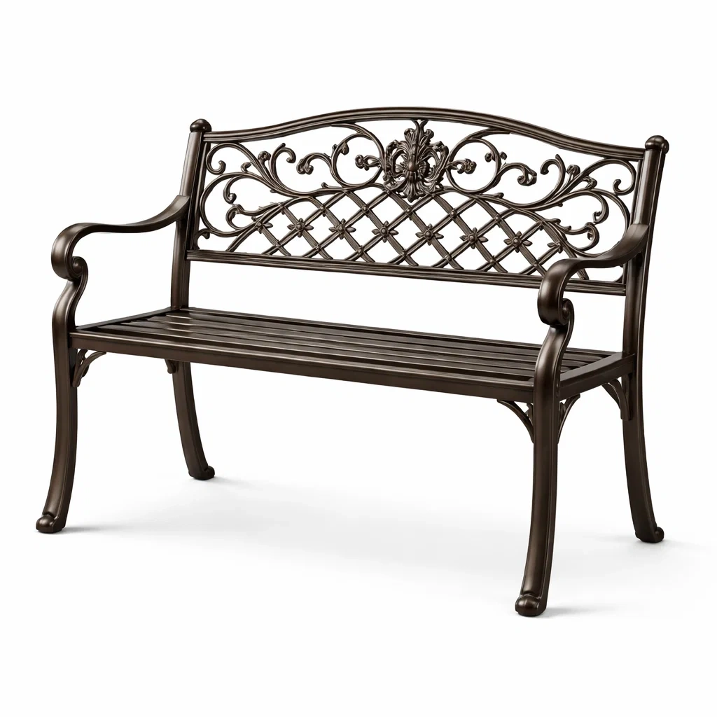 Panchina in metallo marrone con schienale decorato da giardino-DREAMNOOKZ