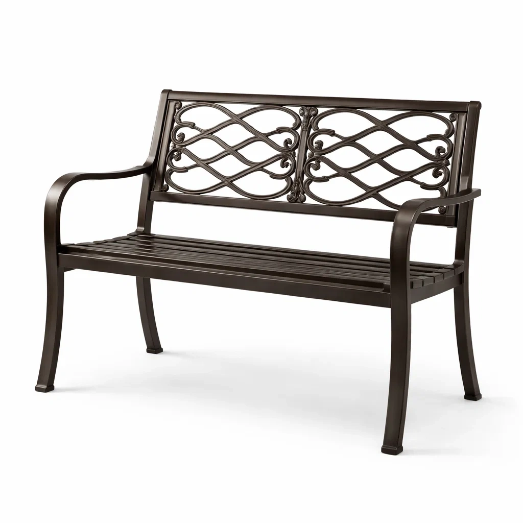 Panchina in metallo marrone con schienale decorativo per esterno-DREAMNOOKZ