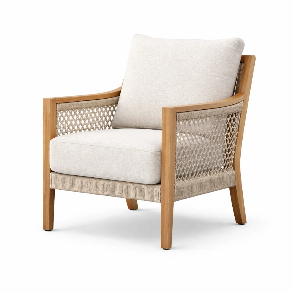 Poltrona in teak con cuscini in tessuto crema-DREAMNOOKZ