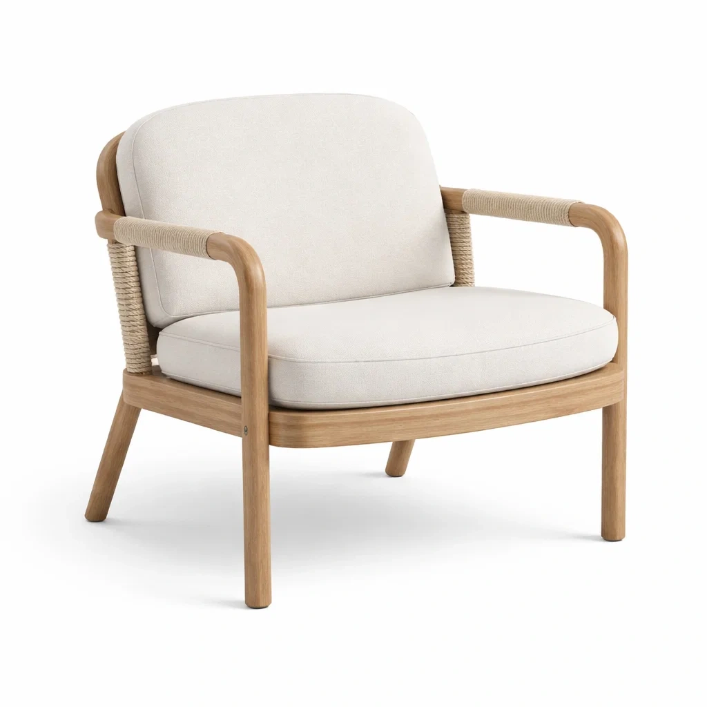 Poltrona in legno con seduta in tessuto beige-DREAMNOOKZ