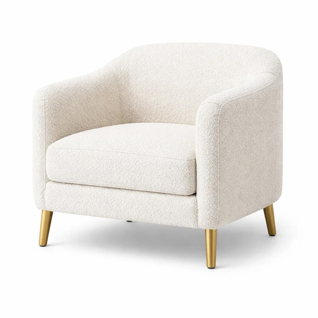 Poltrona in tessuto bouclé bianco con gambe in metallo dorato-DREAMNOOKZ