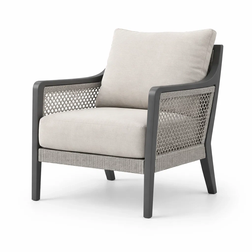 Poltrona in alluminio per esterno con cuscini in poliestere grigio e beige-DREAMNOOKZ