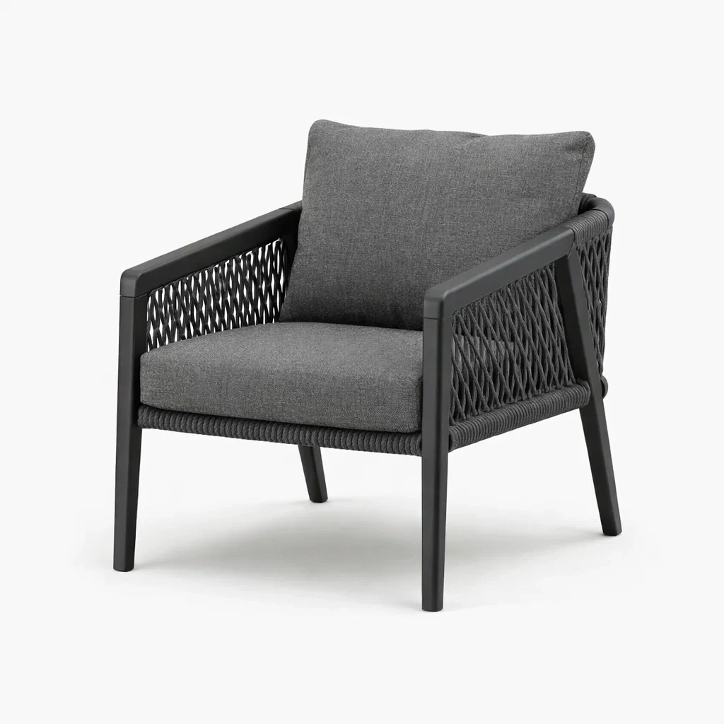 Poltrona in tessuto poliestere grigio con struttura in alluminio e braccioli in corda-DREAMNOOKZ