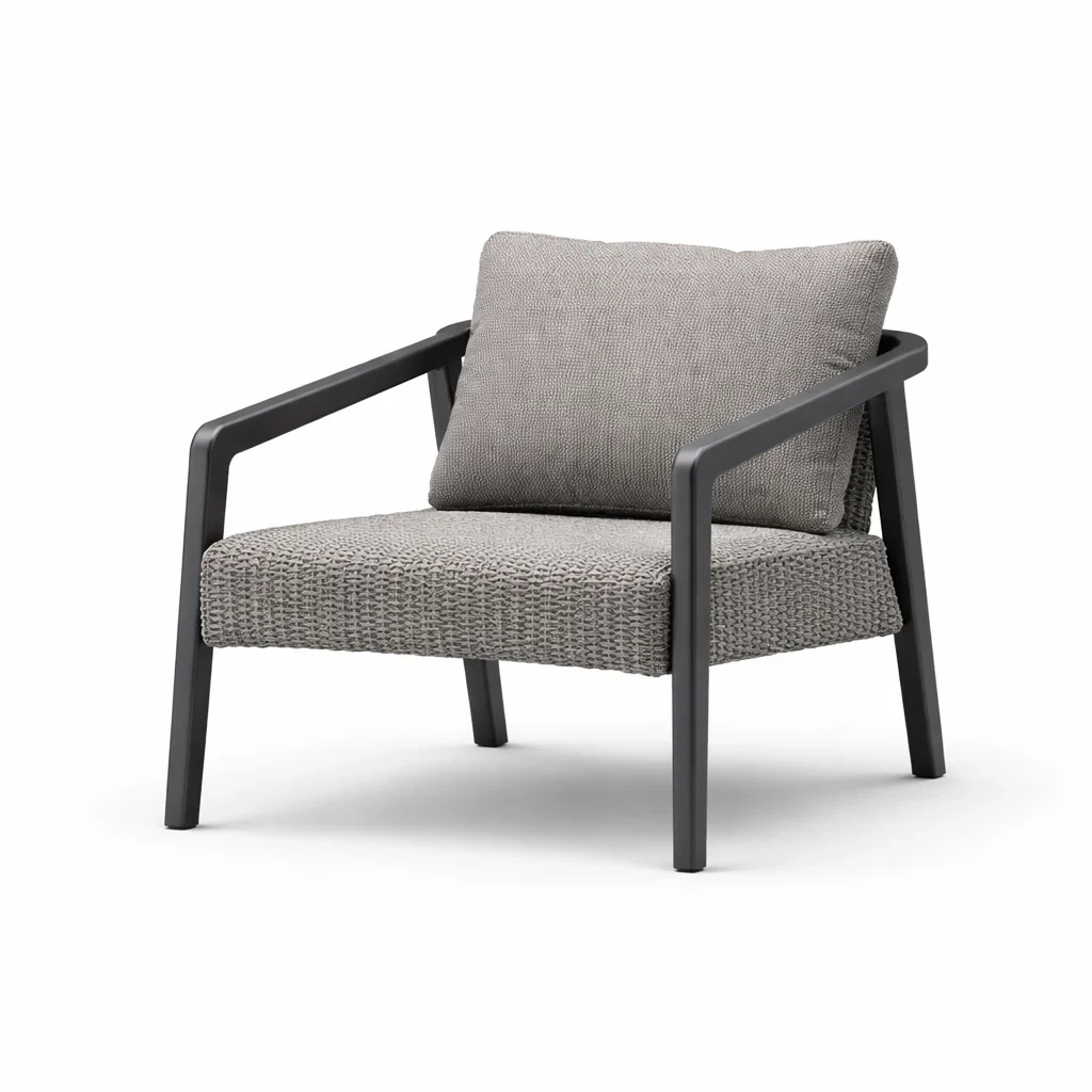 Poltrona in metallo con cuscini in tessuto intrecciato grigio-DREAMNOOKZ