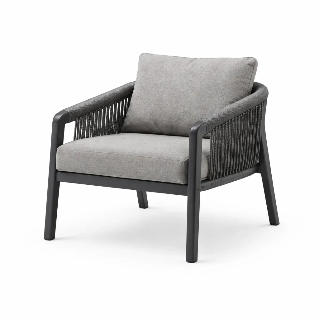 Poltrona da esterno in alluminio con cuscini in poliestere grigi-DREAMNOOKZ