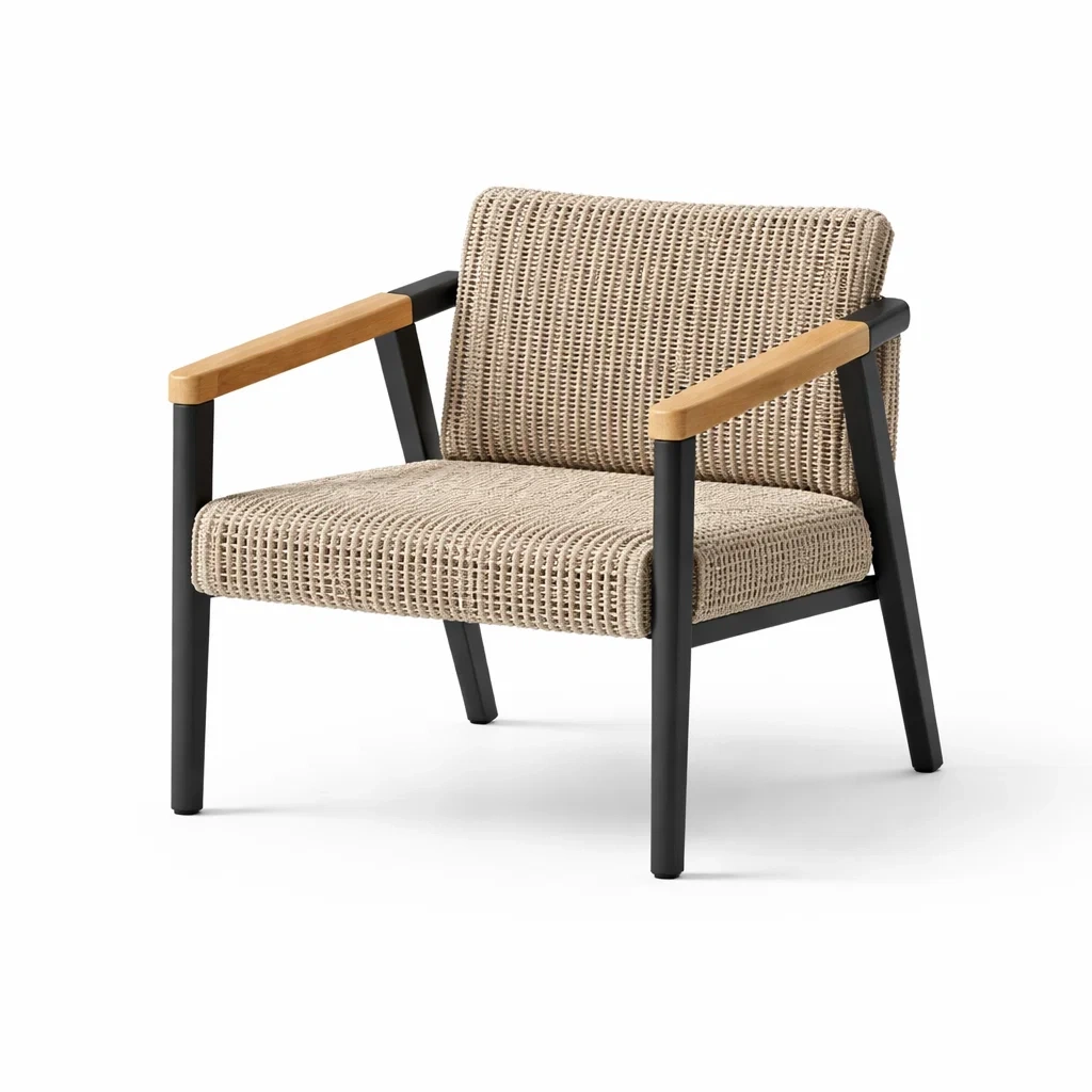 Poltrona in metallo e legno con seduta in rattan sintetico beige-DREAMNOOKZ