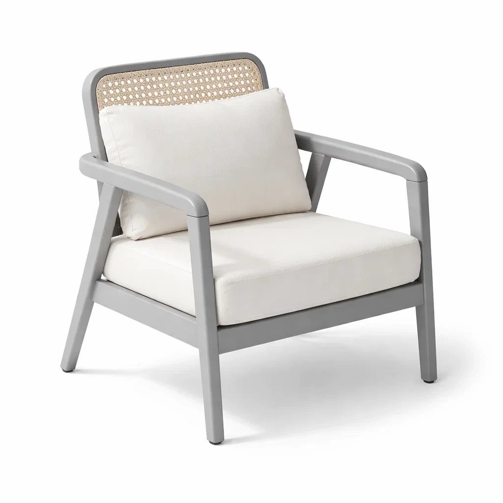 Poltrona in alluminio con schienale in rattan e cuscini imbottiti-DREAMNOOKZ