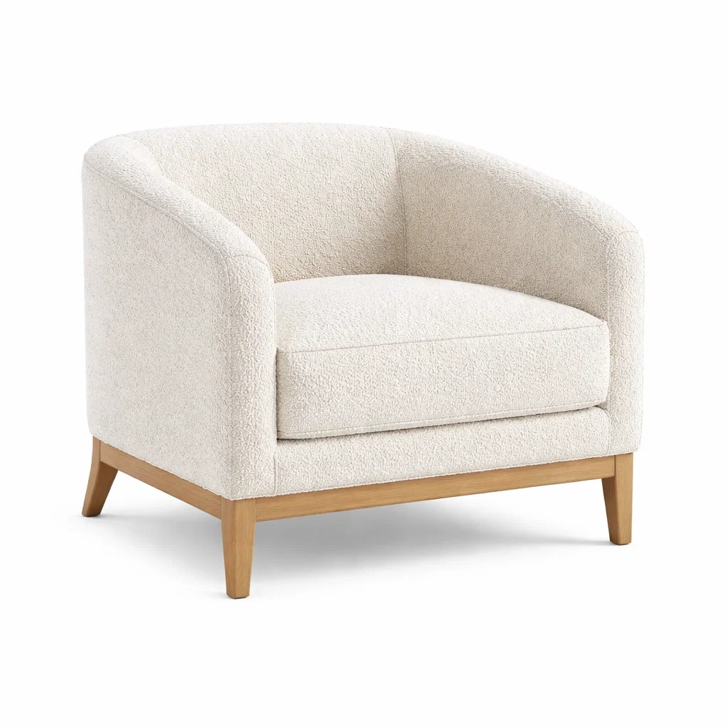 Poltrona in bouclé con gambe in legno massello-DREAMNOOKZ