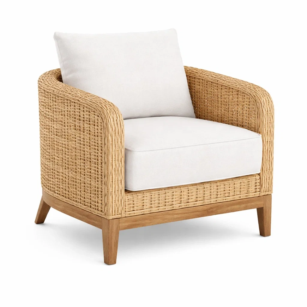 Poltrona in rattan naturale con cuscini bianchi-DREAMNOOKZ