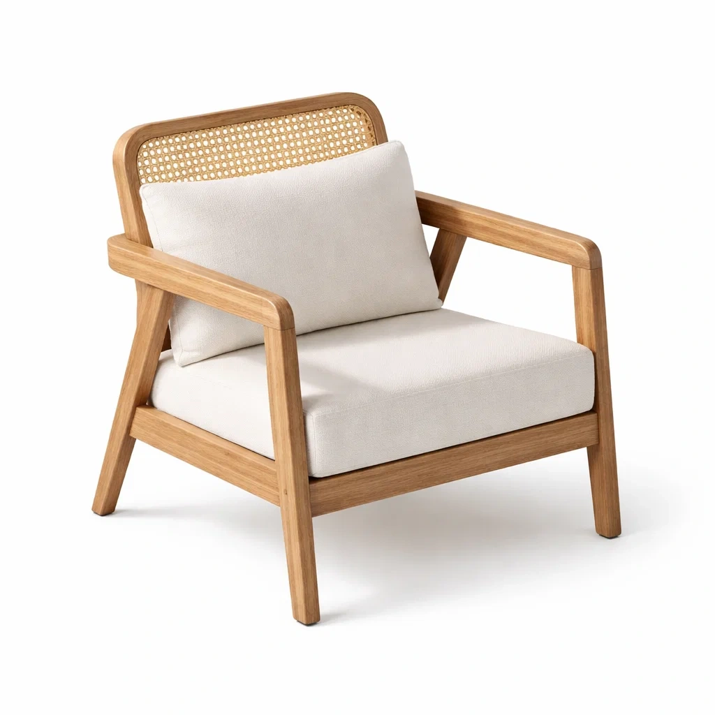 Poltrona in legno con schienale in rattan e cuscino beige-DREAMNOOKZ