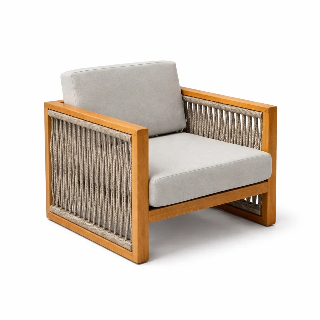 Poltrona in teak e corda con cuscini grigi-DREAMNOOKZ