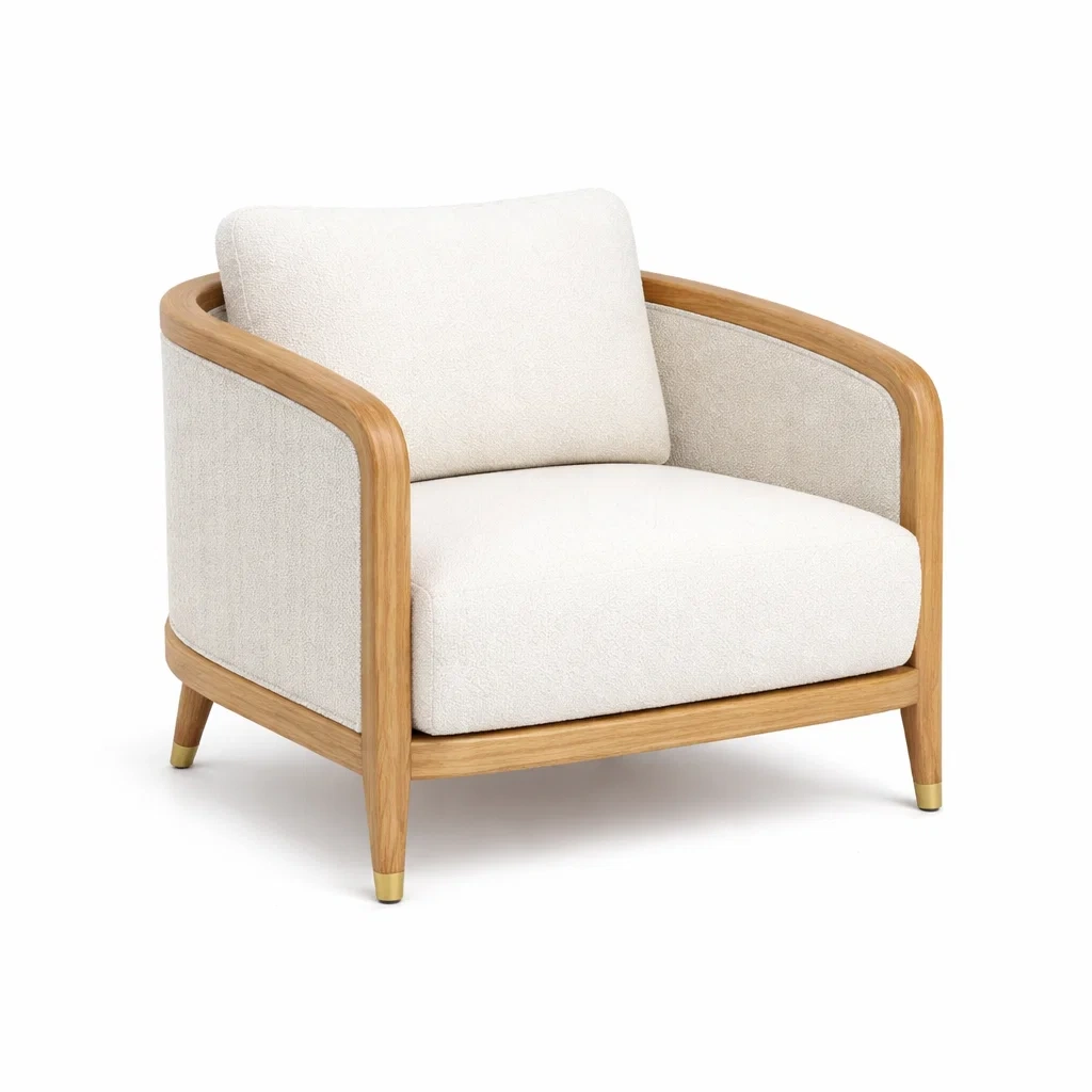 Poltrona in legno di rovere e tessuto bouclé bianco crema-DREAMNOOKZ