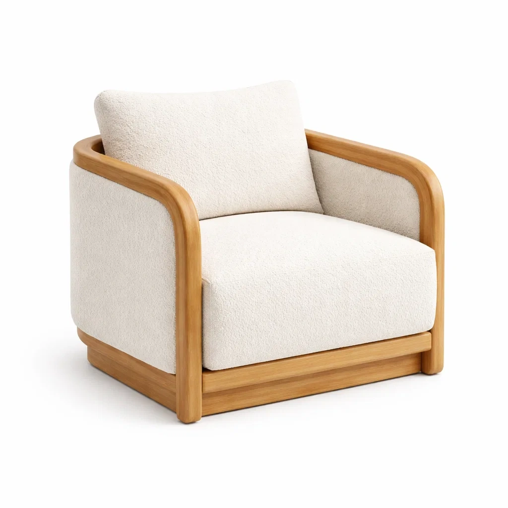 Poltrona in legno massello e tessuto bouclé bianco-DREAMNOOKZ