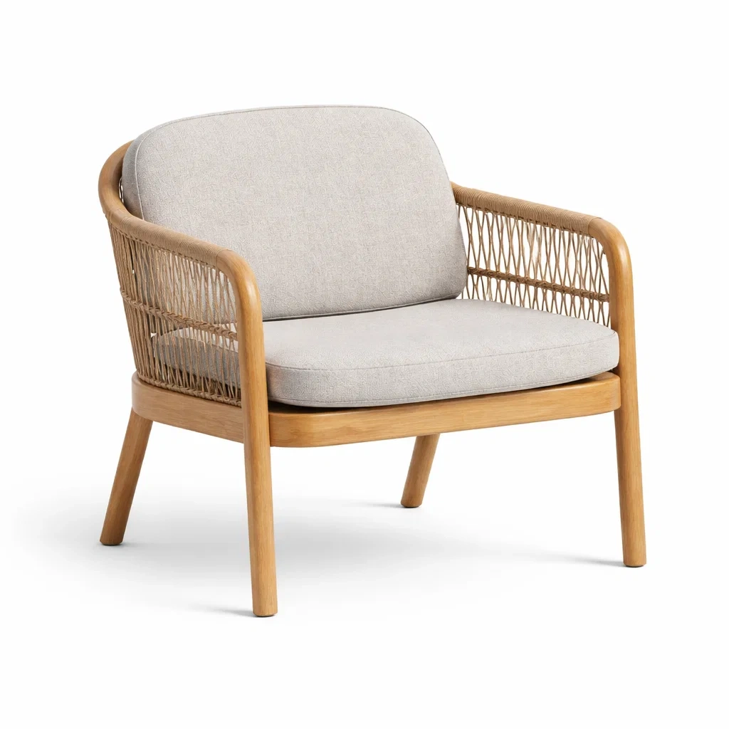 Poltrona in teak e poliestere con schienale intrecciato-DREAMNOOKZ