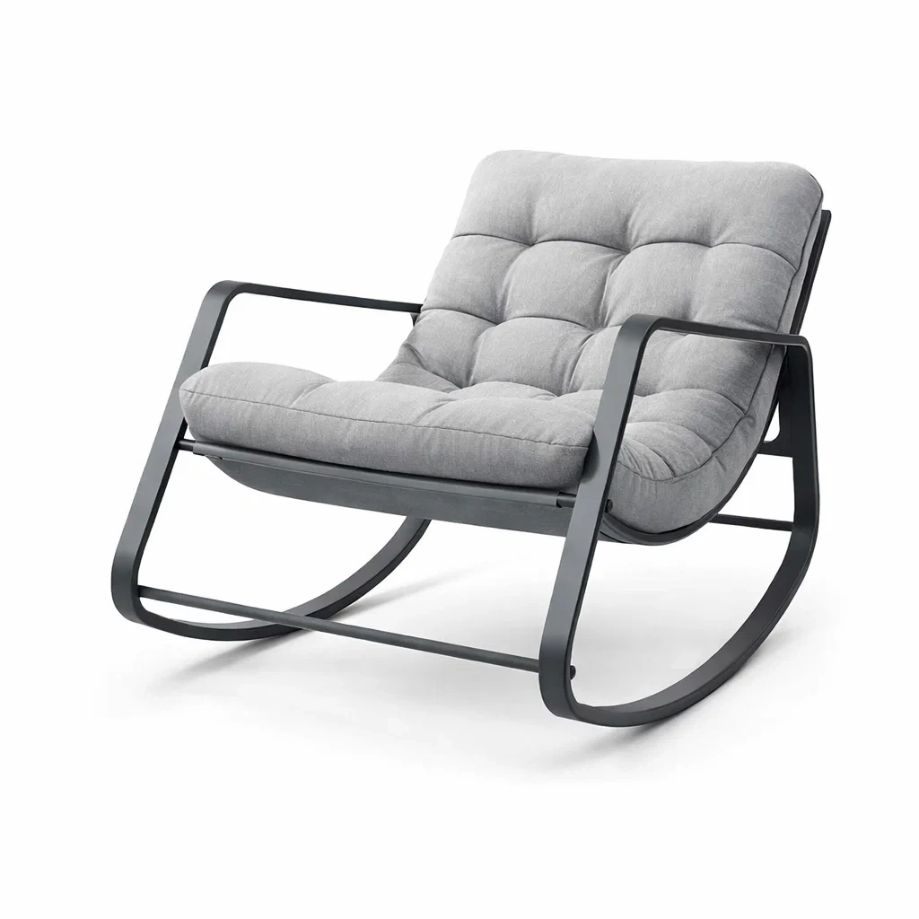 Sedia a dondolo in metallo nero con rivestimento in tessuto grigio-DREAMNOOKZ