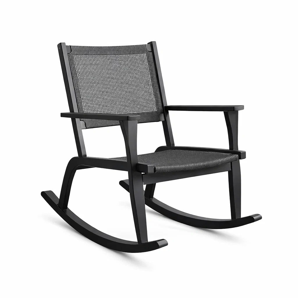 Sedia a dondolo in metallo con seduta in tessuto nero-DREAMNOOKZ