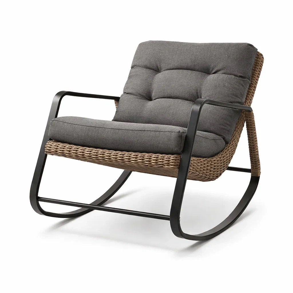 Sedia a dondolo in metallo con cuscini in poliestere grigi-DREAMNOOKZ