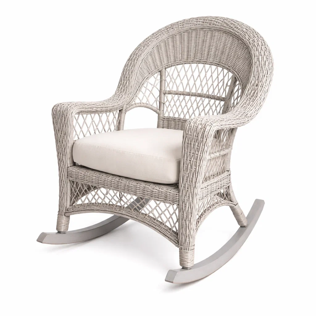 Sedia a dondolo in rattan grigio con cuscino in cotone bianco-DREAMNOOKZ