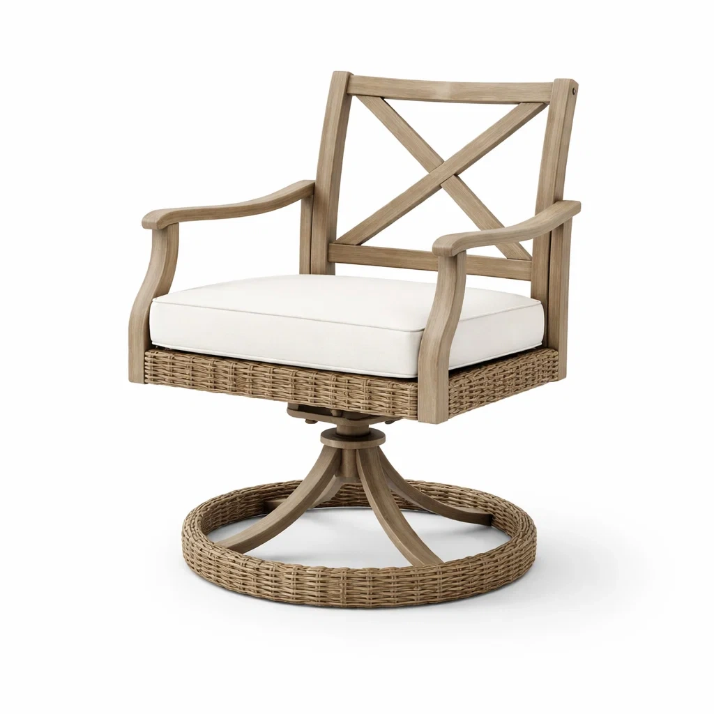 Sedia girevole in legno e rattan con cuscino bianco-DREAMNOOKZ