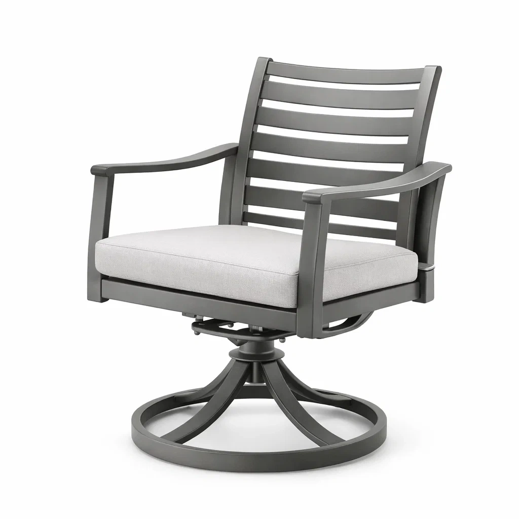 Sedia girevole da esterno in metallo grigio con cuscino in tessuto grigio chiaro-DREAMNOOKZ