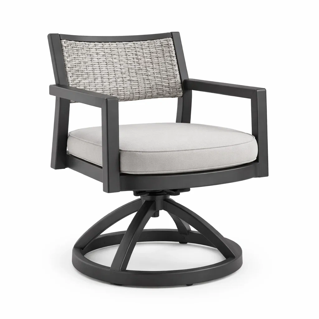 Sedia girevole da esterno in alluminio e vimini con cuscino grigio chiaro-DREAMNOOKZ