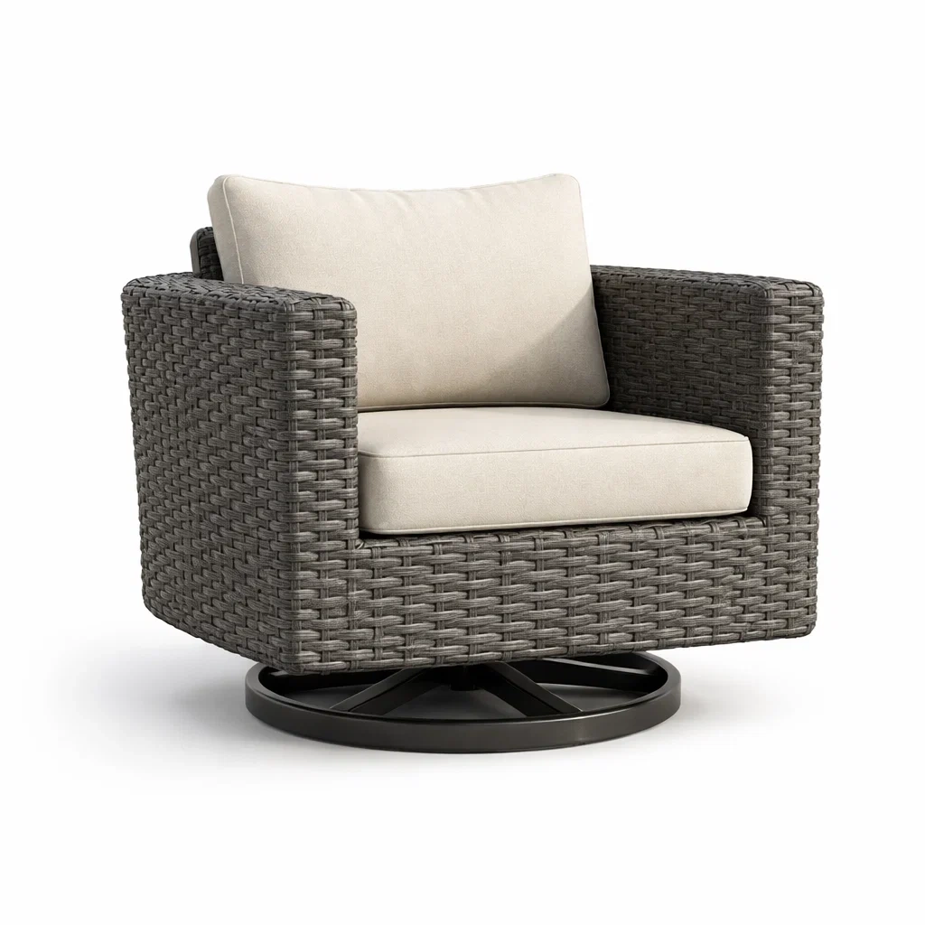 Sedia girevole in resina intrecciata con cuscini in poliestere-DREAMNOOKZ