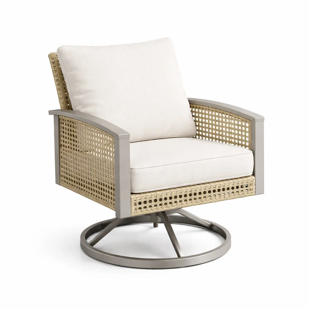Sedia girevole in alluminio e rattan con cuscini in poliestere beige-DREAMNOOKZ
