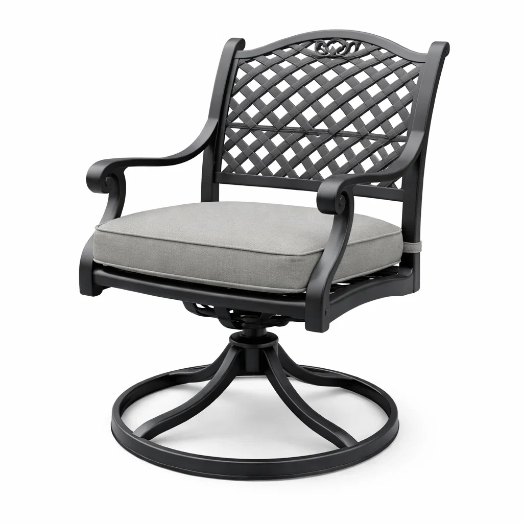 Sedia girevole in metallo nero con cuscino in tessuto grigio-DREAMNOOKZ