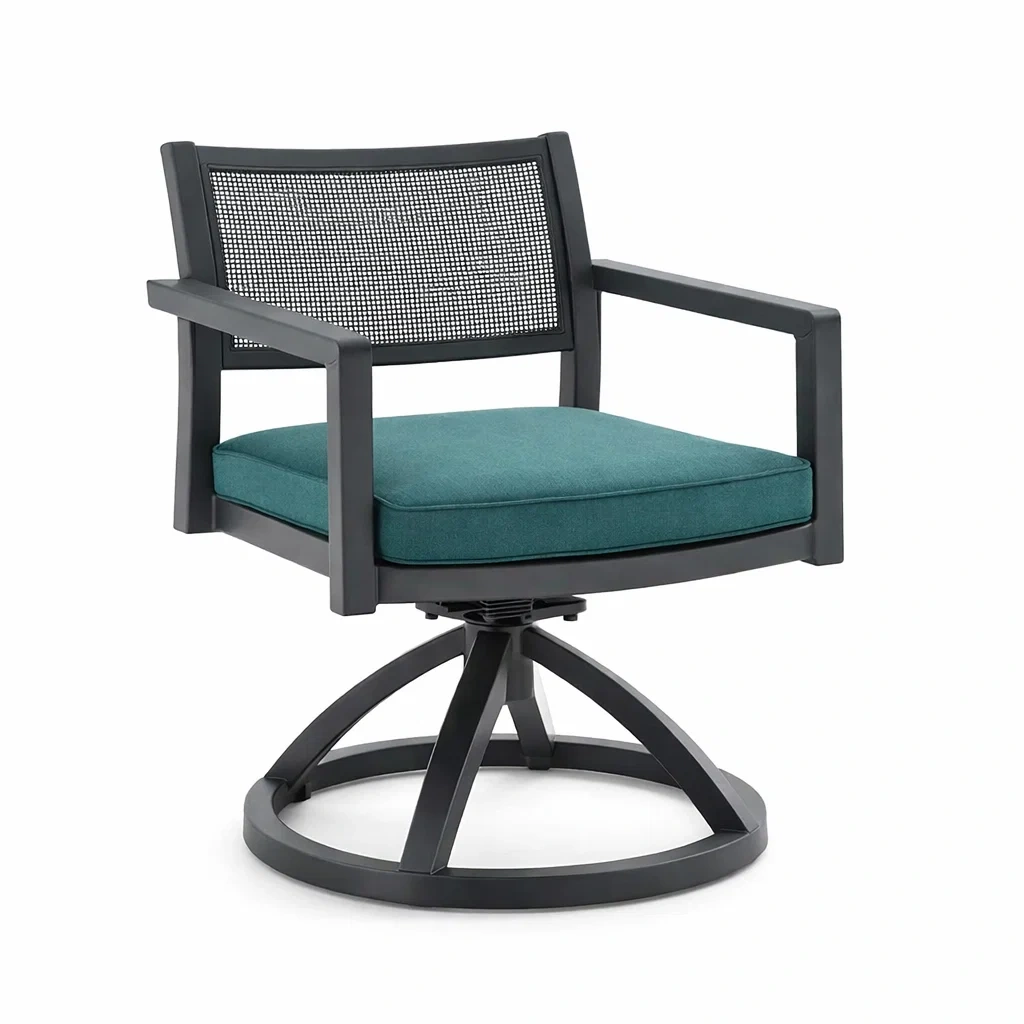 Sedia girevole da esterno in metallo nero con cuscino verde-DREAMNOOKZ
