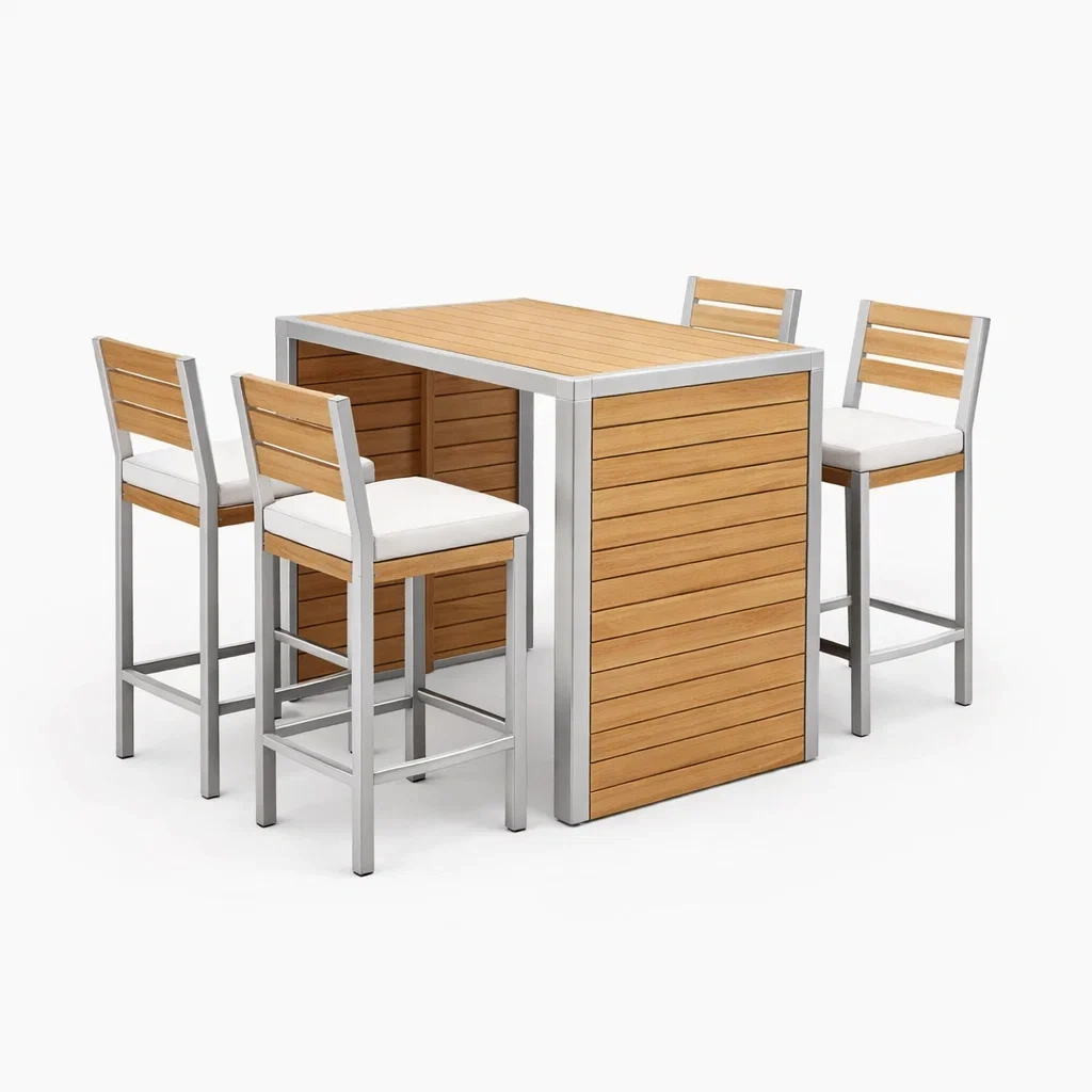 Set da bar alto in alluminio e teak con 4 sedie-DREAMNOOKZ