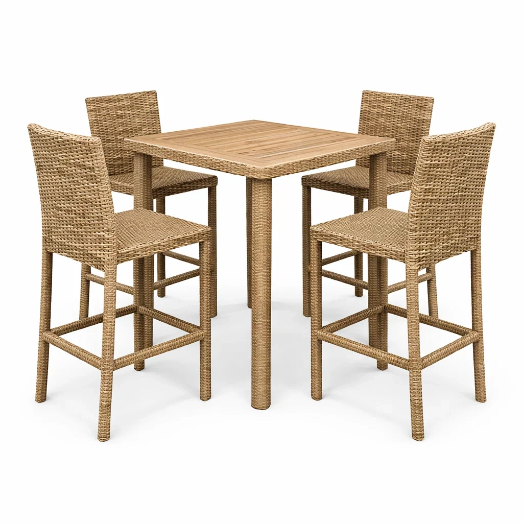 Set da bar in teak con tavolo quadrato e 4 sedie in rattan sintetico-DREAMNOOKZ