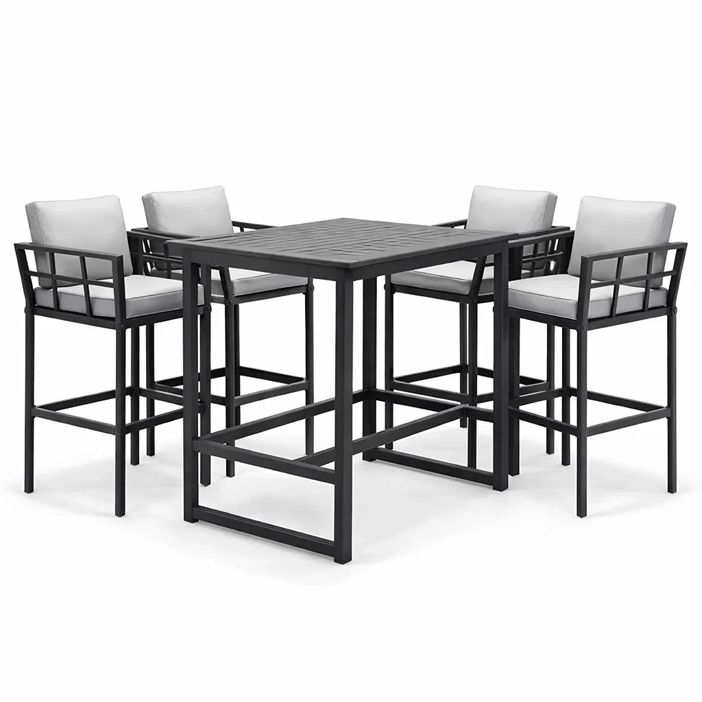 Set da bar da esterno in metallo con tavolo e 4 sgabelli e cuscini in tessuto poliestere grigio-DREAMNOOKZ