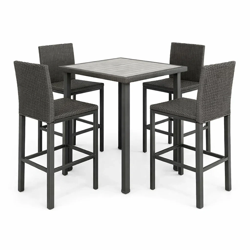 Set da bar in metallo con tavolo quadrato e 4 sedie in rattan sintetico antracite-DREAMNOOKZ