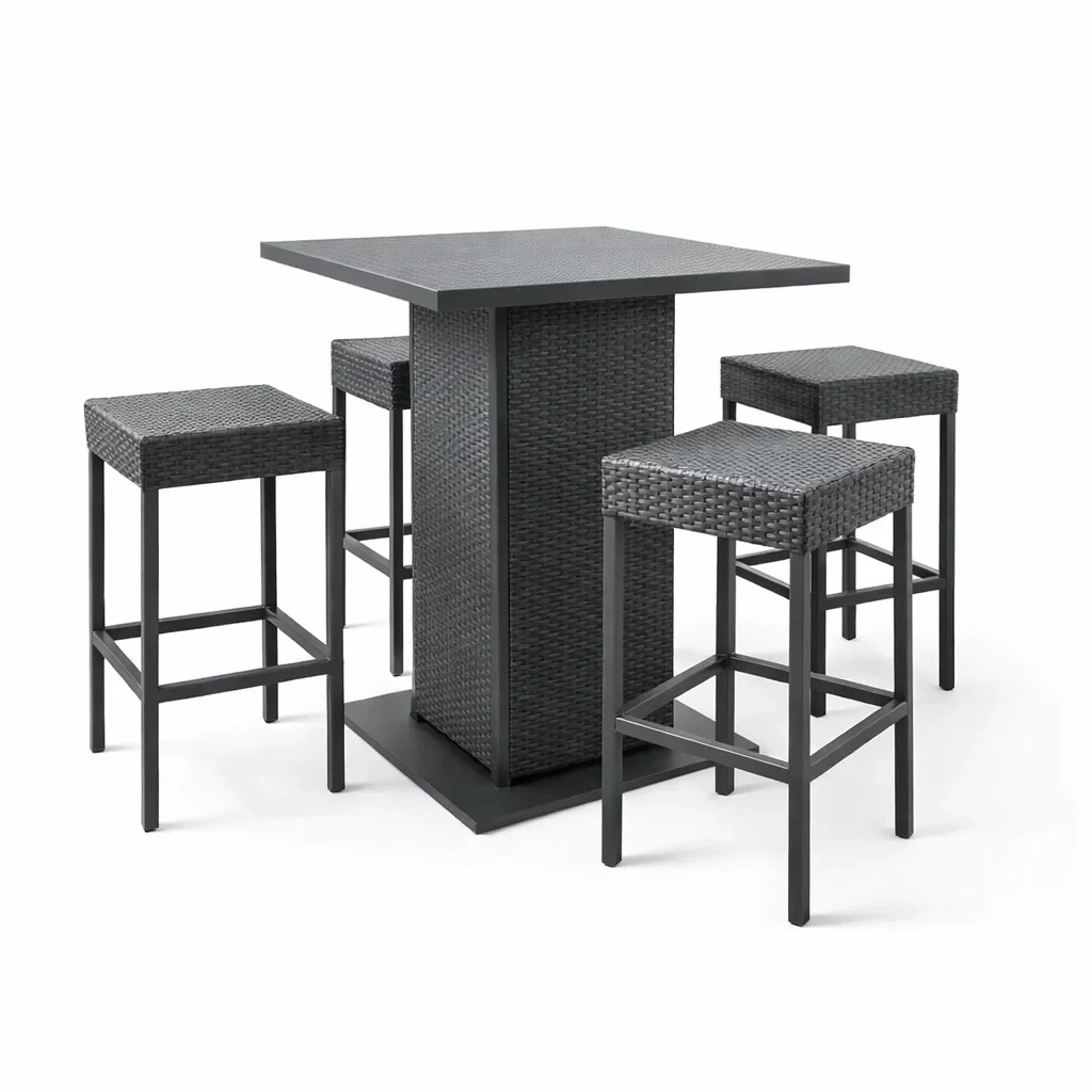 Set da bar in acciaio e rattan sintetico nero con tavolo e sgabelli-DREAMNOOKZ