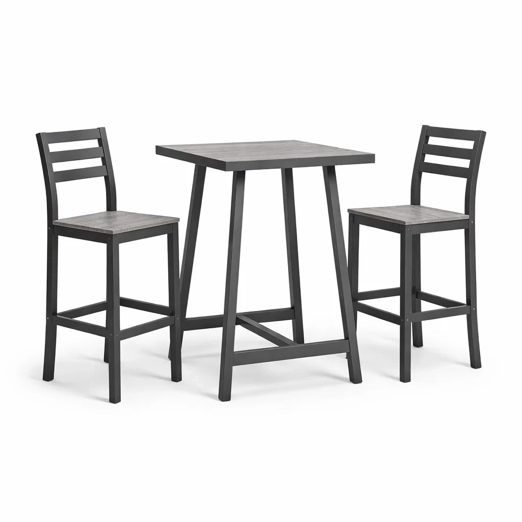 Set da bar in legno massiccio e acciaio nero e grigio con tavolo e sedie alte-DREAMNOOKZ