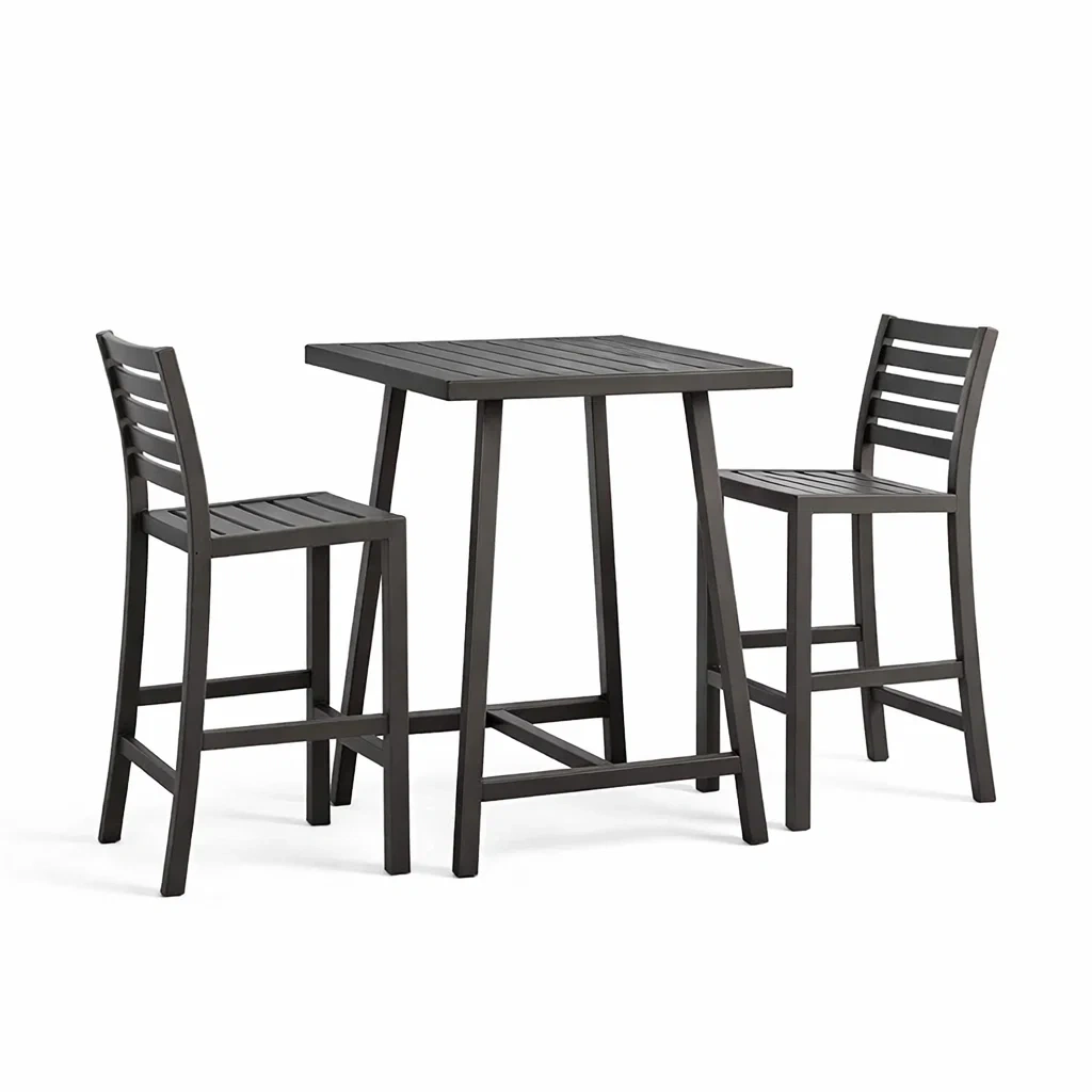 Set da bar in alluminio con tavolo alto e due sedie nere-DREAMNOOKZ