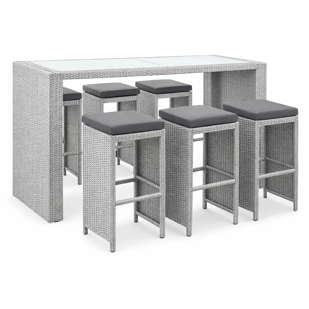 Set da bar in rattan con tavolo in vetro e sgabelli-DREAMNOOKZ