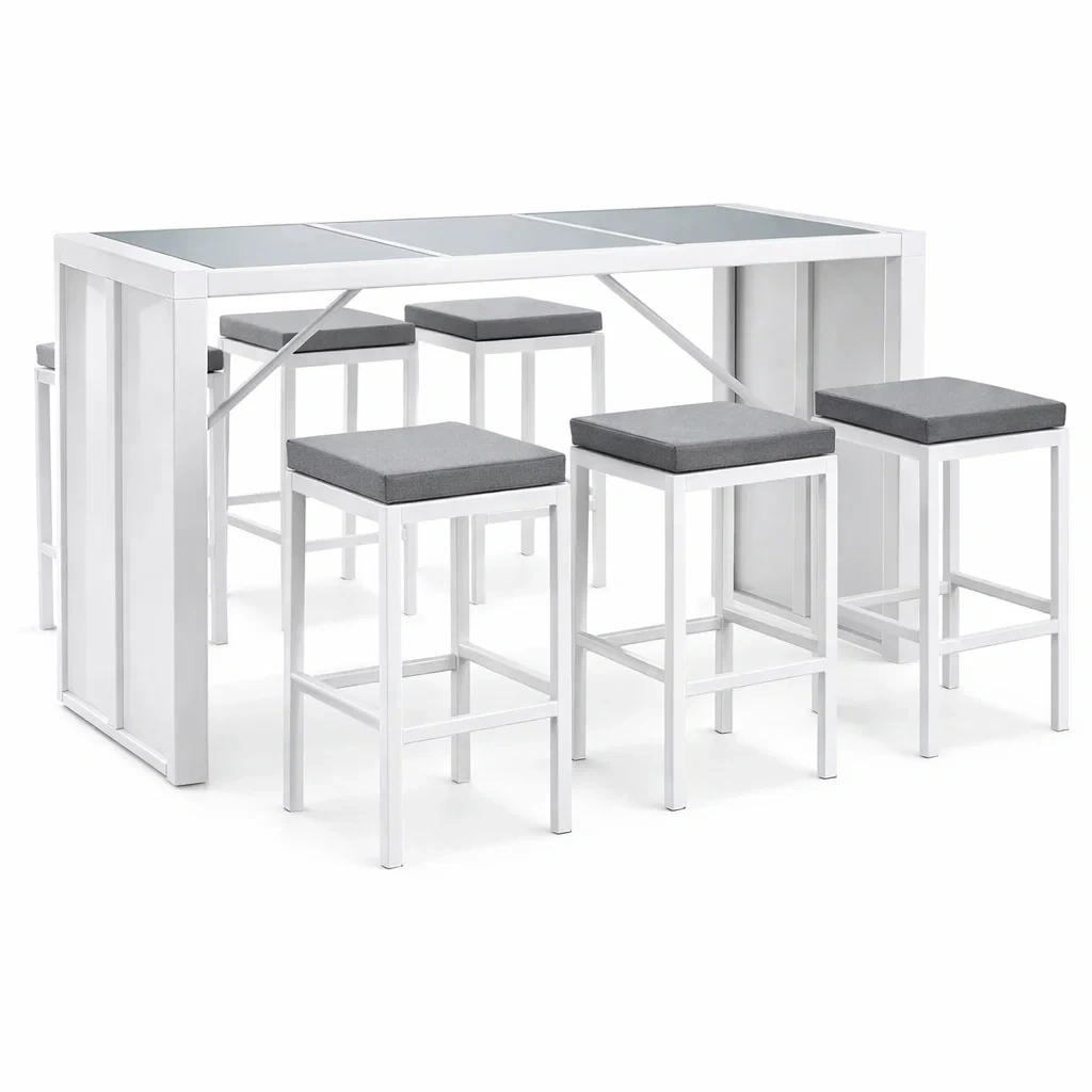 Set da bar da giardino con tavolo in alluminio e vetro temperato e 6 sgabelli con cuscino grigio-DREAMNOOKZ